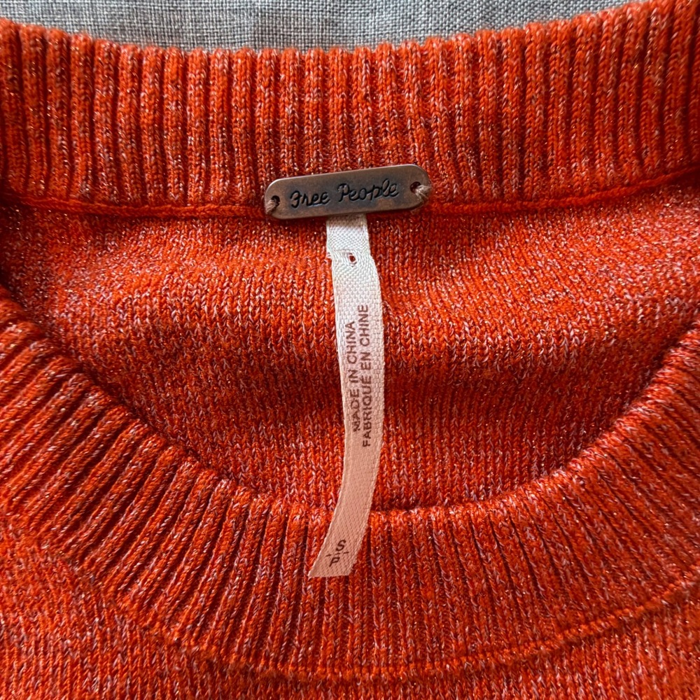 Free People Orange Sparkle Metallic Balloon Sleeve Sweater